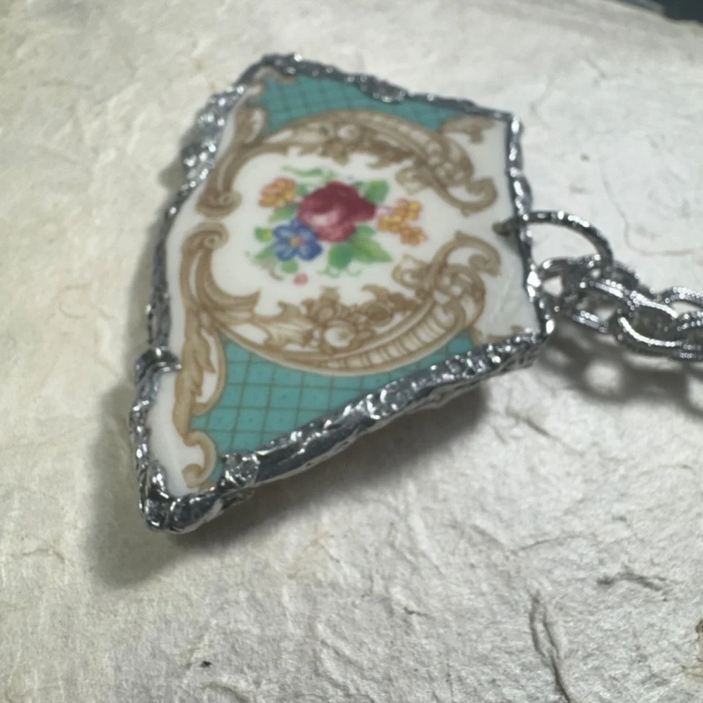 Vintage Floral Broken China Pendant Artisan Handcrafted Cabochon and Necklace